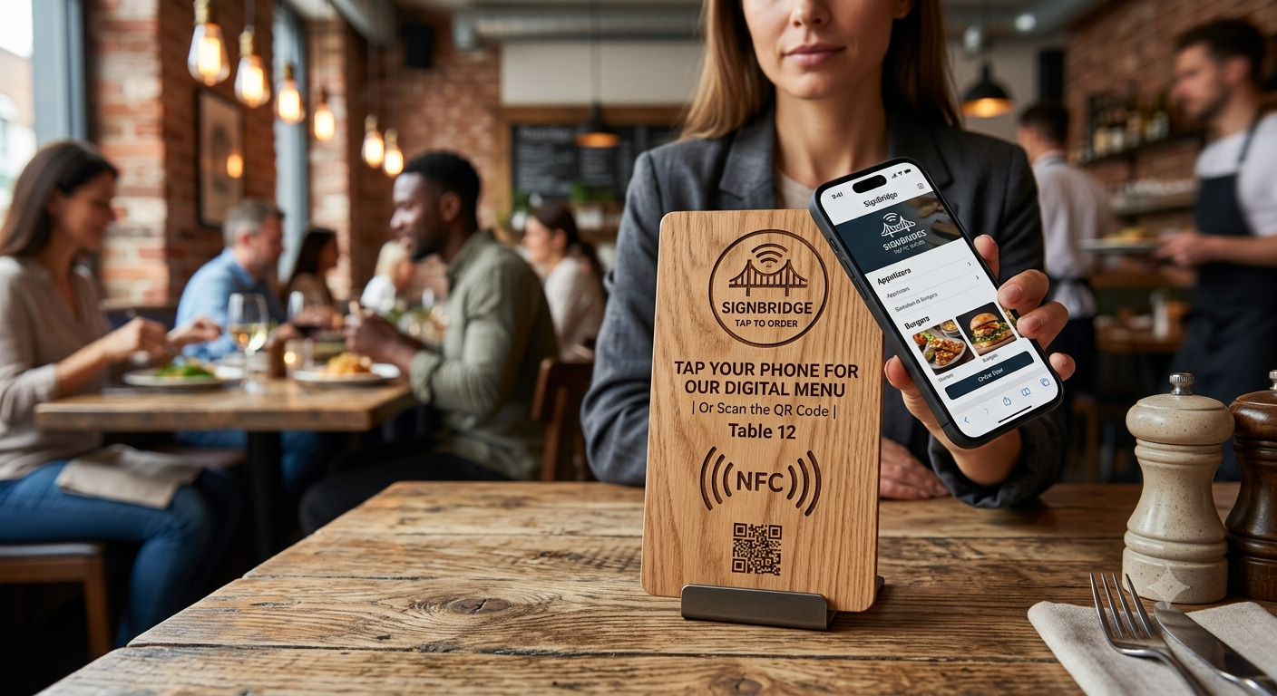 SIGNBRIDGE NFC menu card at a restaurant table