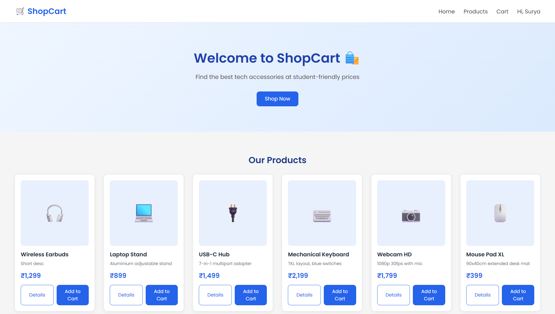 ShopCart ecommerce interface